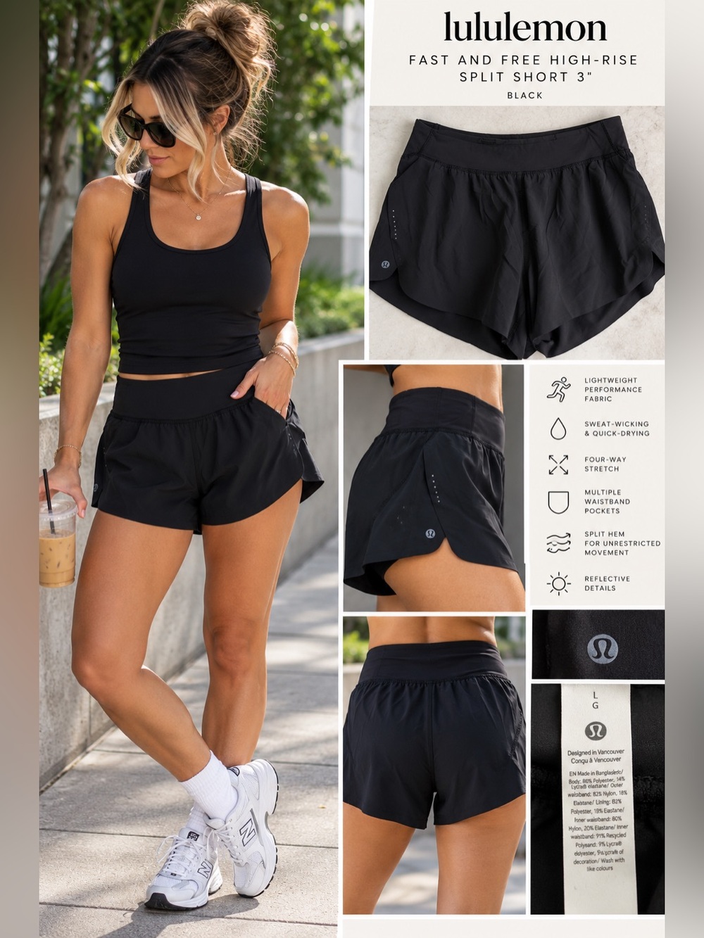 Lululemon Fast and Free High-Rise Split Shorts 3” Black L